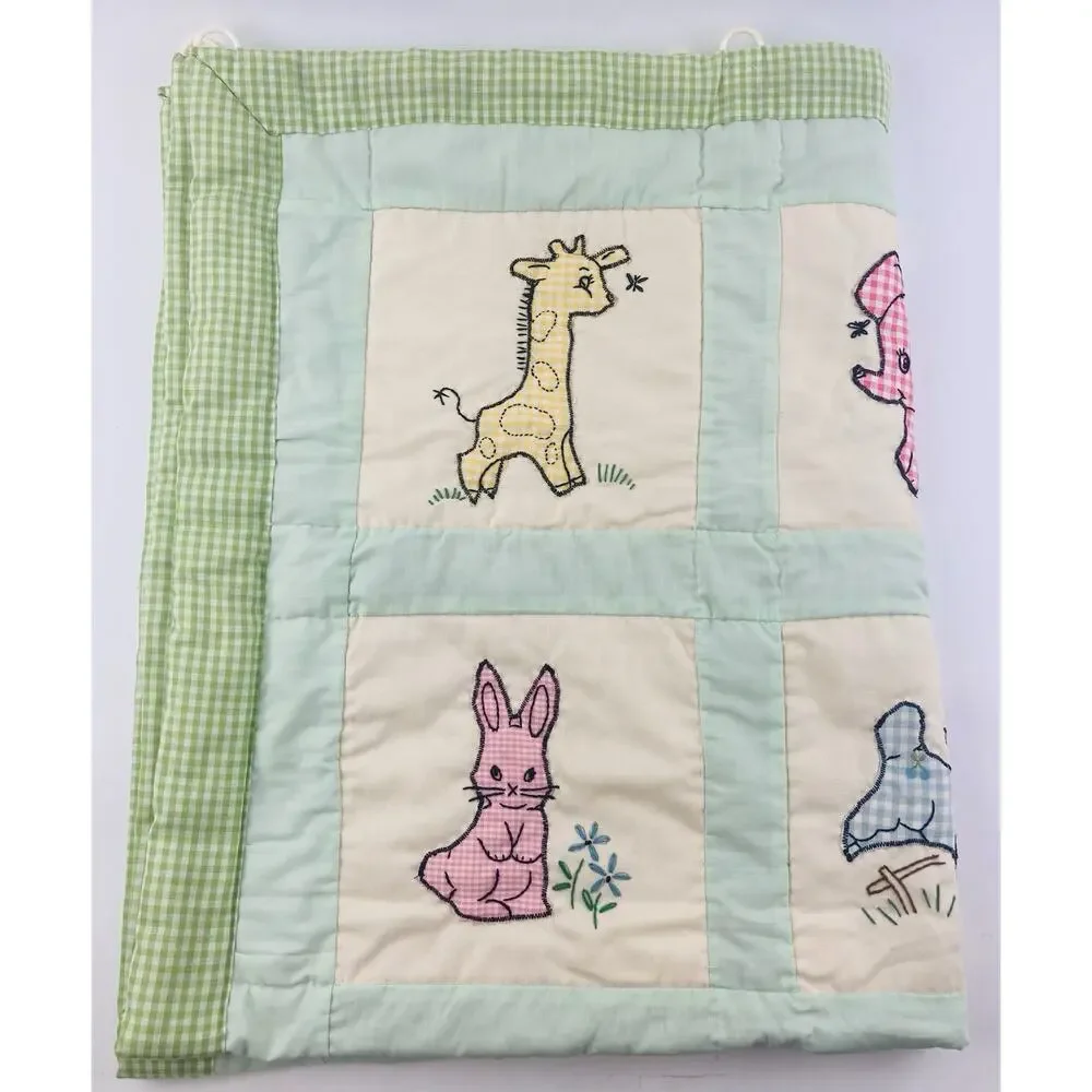 Vintage Hand Embroidered Applique Baby Quilt Blanket Wall Hanging Kitty Cat Lamb